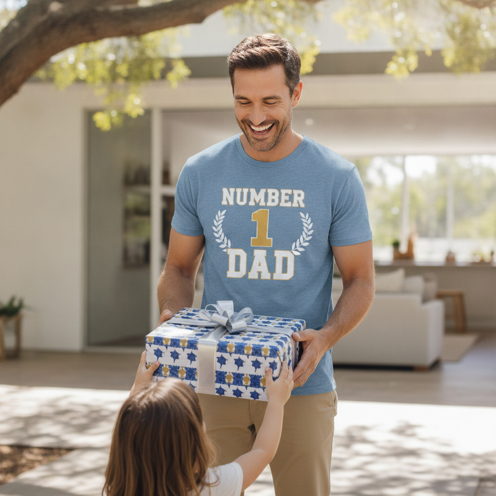 Dad wearing a custom #1 Dad printed tee