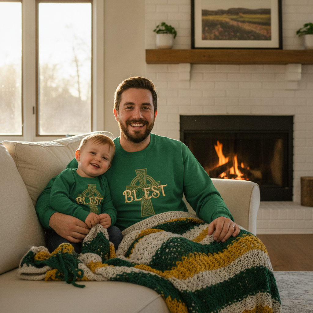 Father and son in matching faith sweatshirts