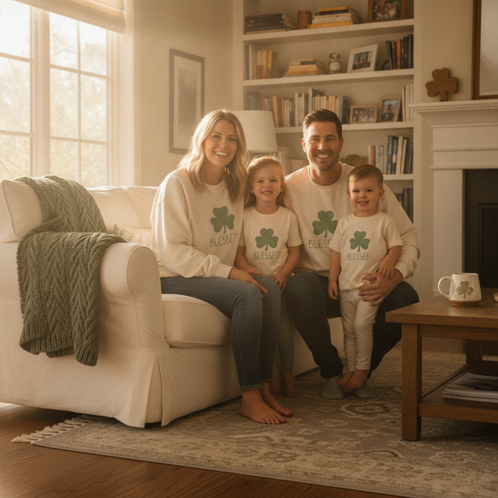 Family wearing faith-inspired St. Patrick's Day apparel