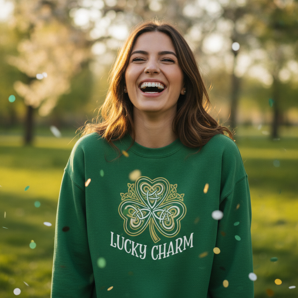 Woman in St Patrick's Day sweatshirt
