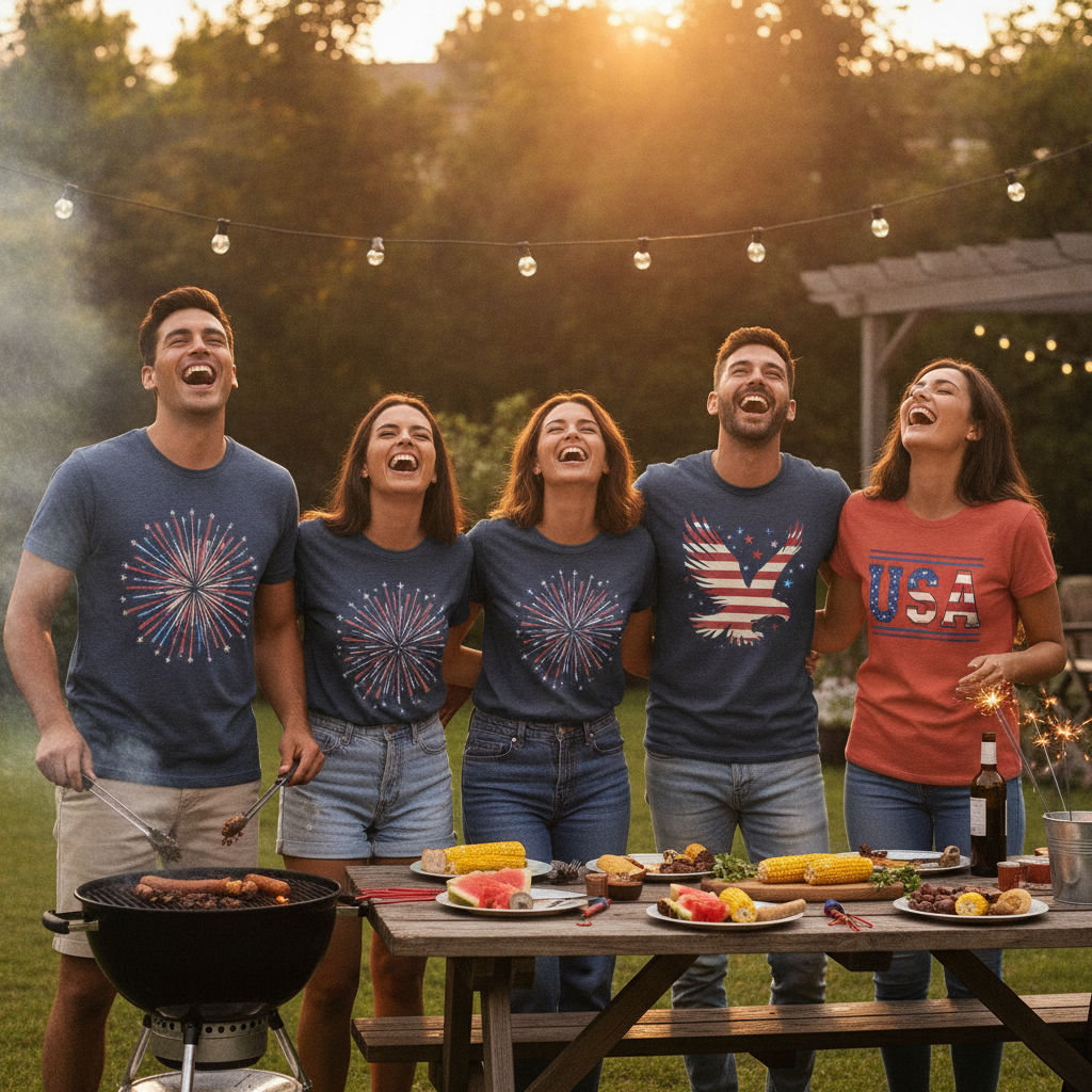 Friends celebrating in festive graphic tees