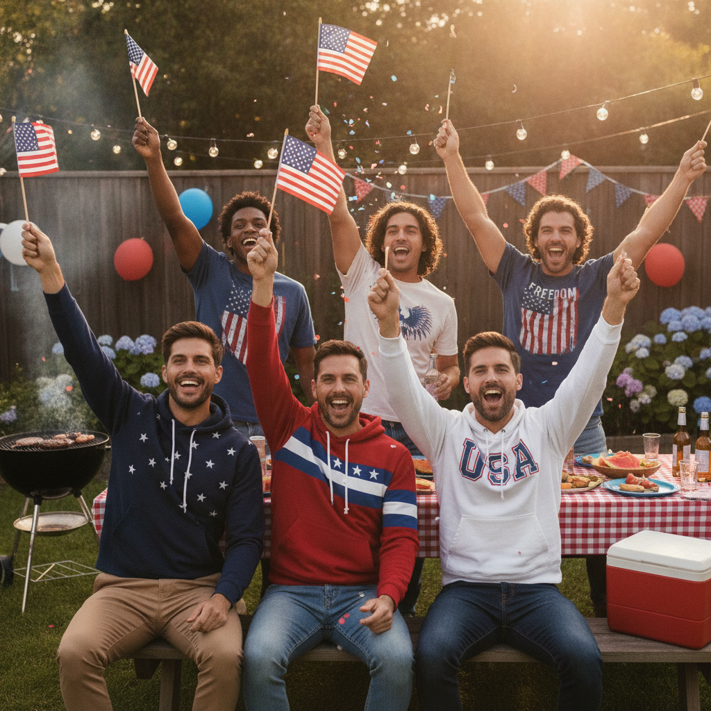 Friends cheering in patriotic apparel