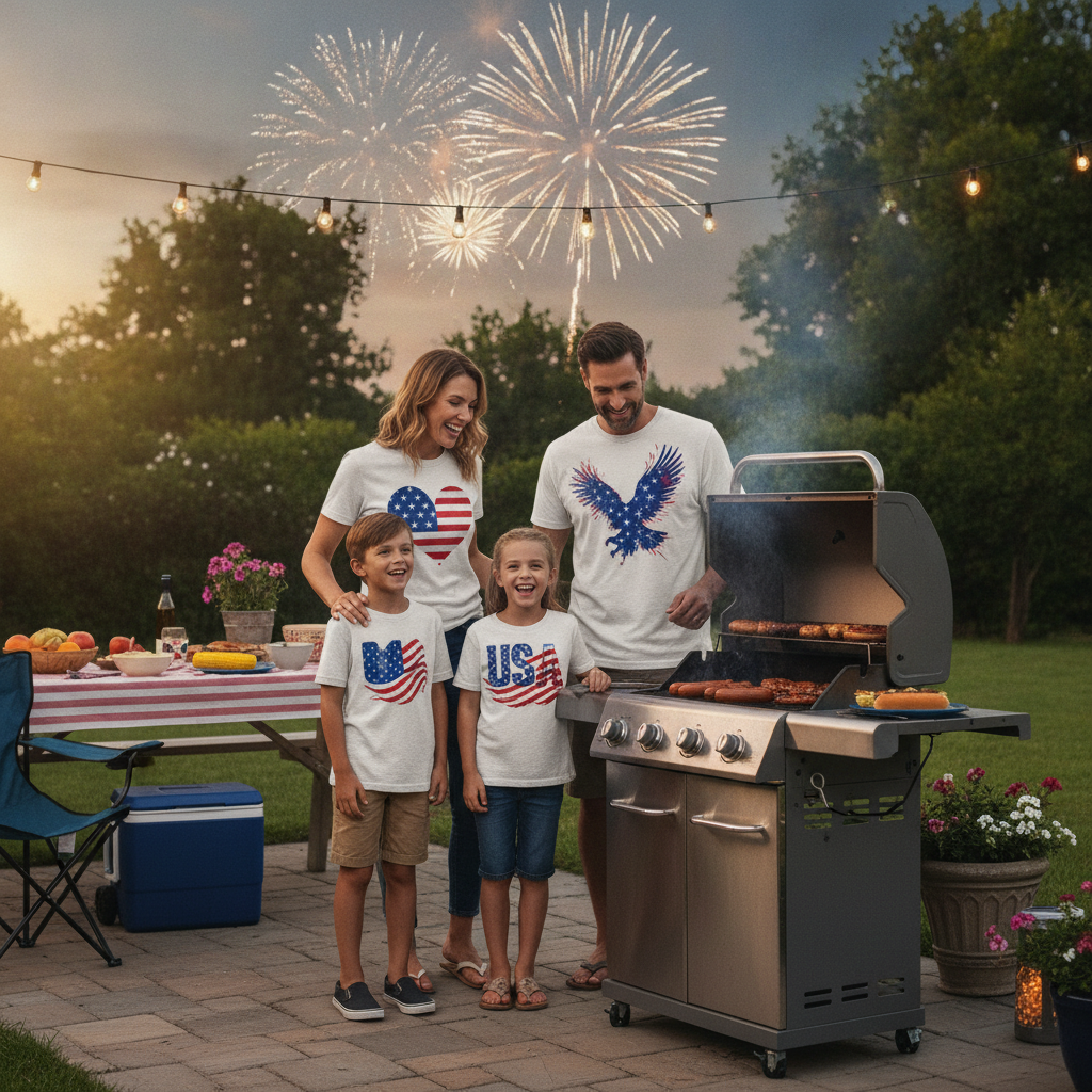 Family grilling in patriotic tees