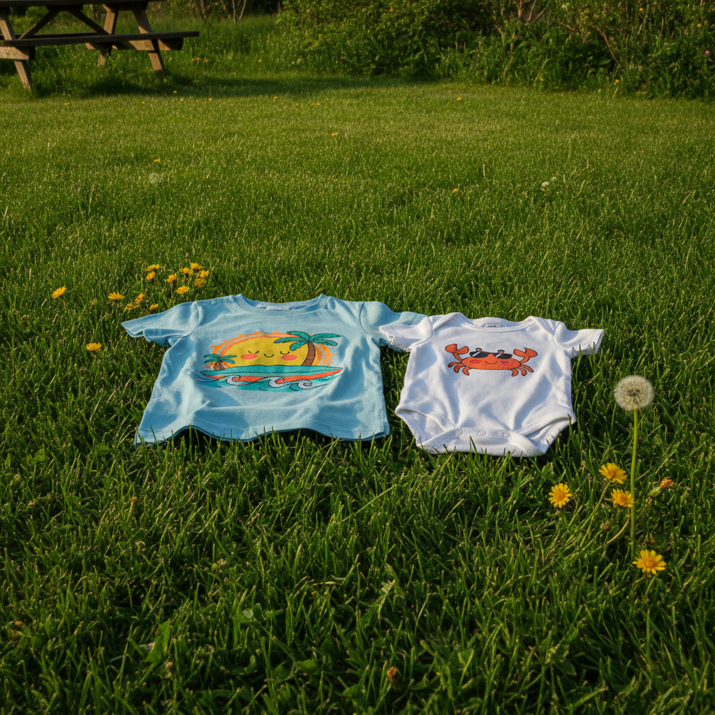 kids graphic summer t-shirt and baby bodysuit displayed together on a sunlit grassy lawn, bright summer afternoon
