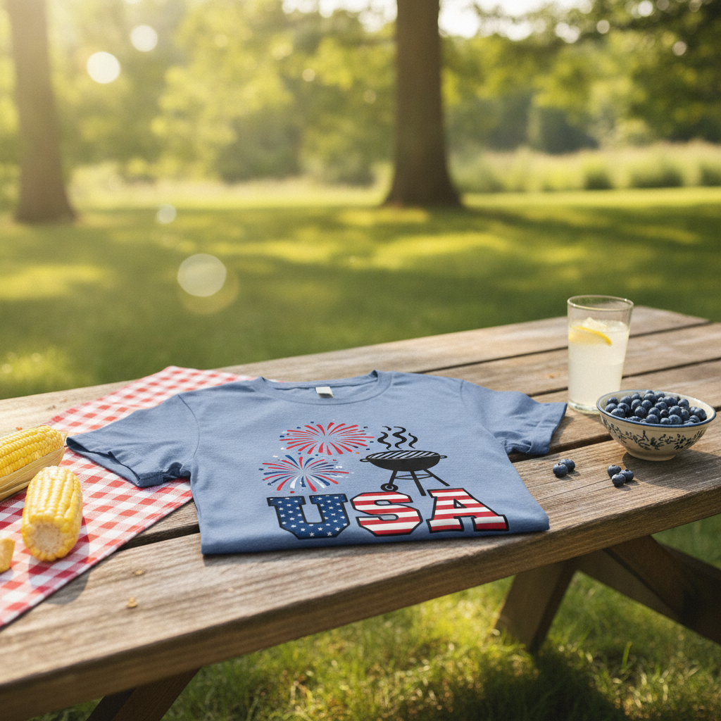 USA 4th of July fireworks BBQ graphic t-shirt folded on a sunny picnic table outdoors, bright summer daylight