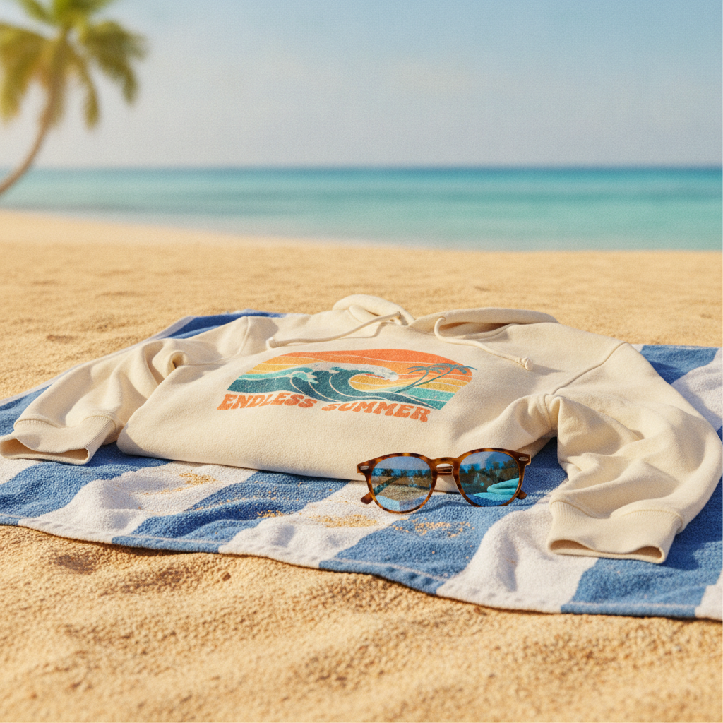 summer graphic hoodie laid flat on a bright beach towel with sunglasses nearby, warm sunny lifestyle shot