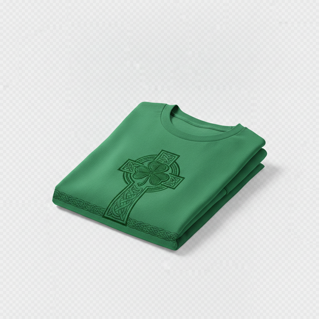 folded green St Patrick's Day faith-inspired graphic t-shirt product on plain transparent background