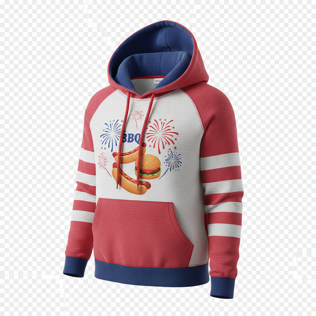 red white and blue USA 4th of July BBQ fireworks hoodie product on plain transparent background