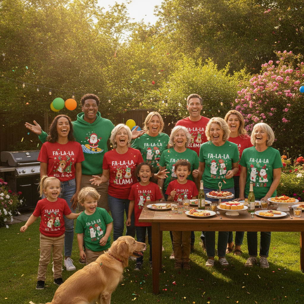 cheerful multi-generational family gathered outdoors at a celebration, adults and kids laughing together wearing festive