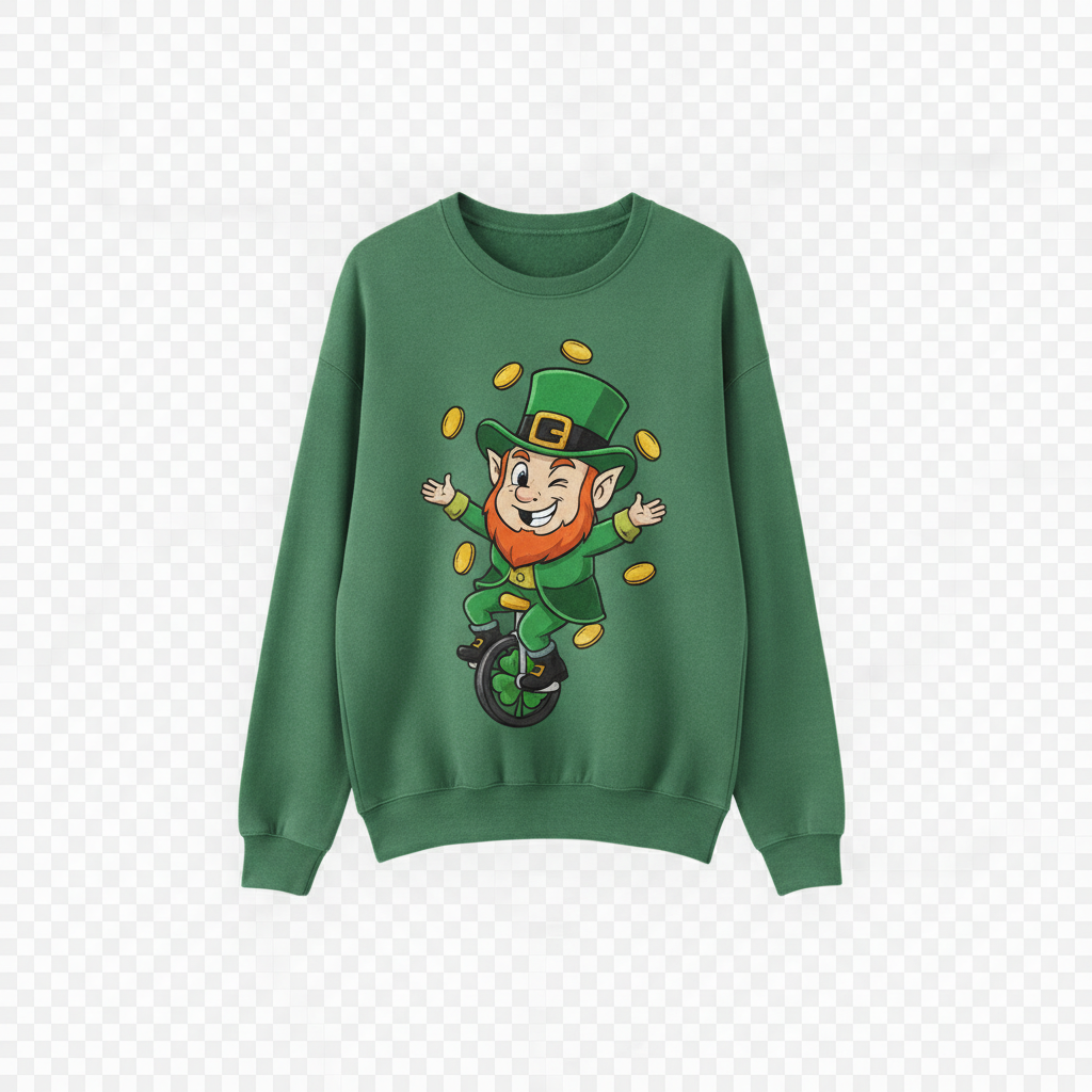 funny green leprechaun graphic sweatshirt product on plain transparent background